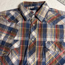 Wrangler Western Shirt Mens XL  Short Sleeve Plaid Pearl Snap Blue Red
