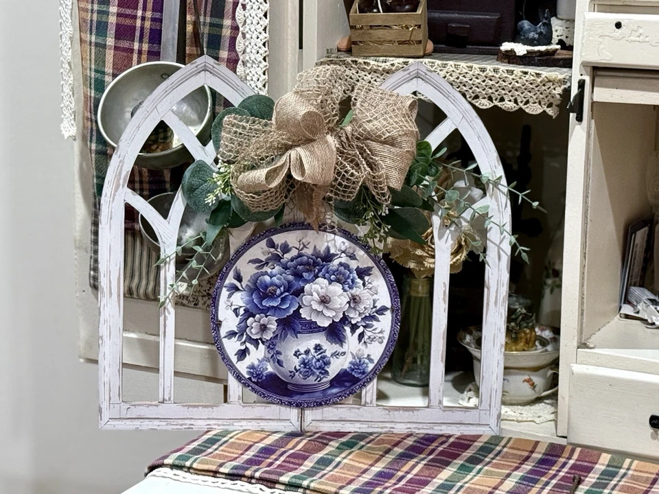 Handcrafted Double Cathedral Wood Wall Arch, Blue Chintz Floral Print, 14x16” - Image 3 of 4