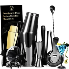 Black Cocktail Shaker Set 12-Piece - Stainless Steel Mixology Bartender Kit w...