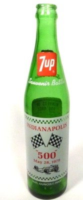 Vintage ACL Pop SODA Bottle 16 Oz Green 7 UP SALUTES INDY 500 1978 Glass Rare