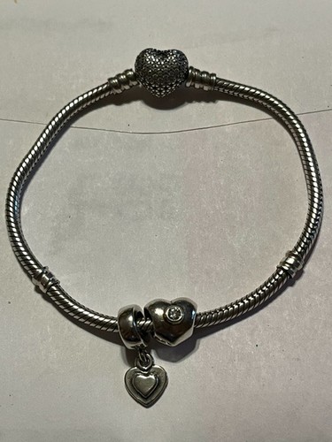 Pandora Silver Bracelet, Pave Heart Clasp, Clear CZ with 2 charms 7.5 inches