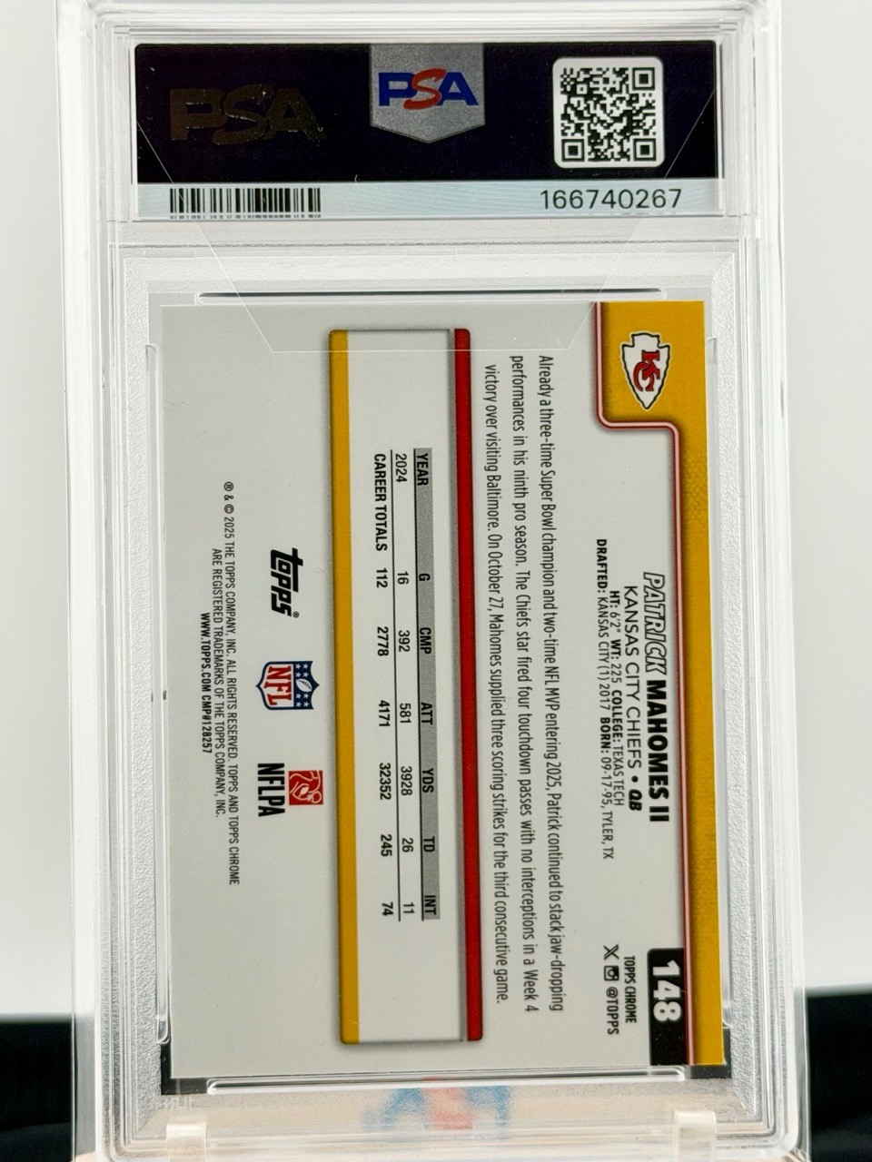 2025 TOPPS CHROME BLUE WAVE #148 PATRICK MAHOMES II /150 PSA 9 view 2