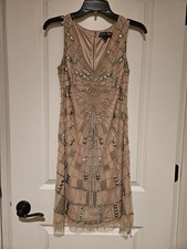 ADRIANNA PAPELL Womens Taupe Beaded Above The Knee Party Sheath Dress 4 Flapper 