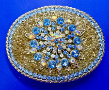 Chunky Artisan Clear Blue Rhinestone Flower Bling Jeweled Belt Buckle - 2006 ATI