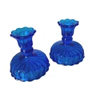 Vintage Fenton Colonial Blue Glass Thumbprint Candle Holders Reversible 4"