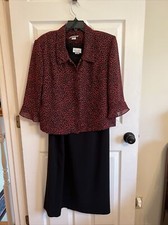 2 PC Vintage Dress Savvy New York Red Black Floral Midi Dress USA Made size 12