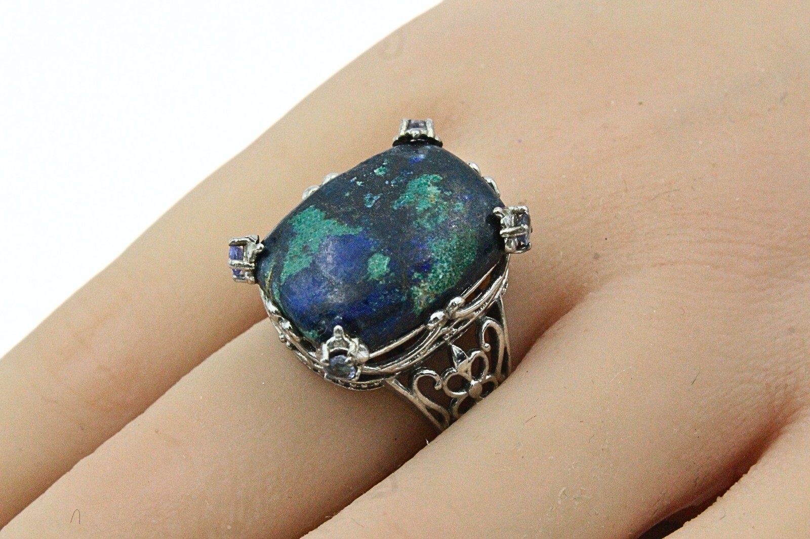 STS Karis Signed Rectangular Massive Turquoise Rh… - image 3