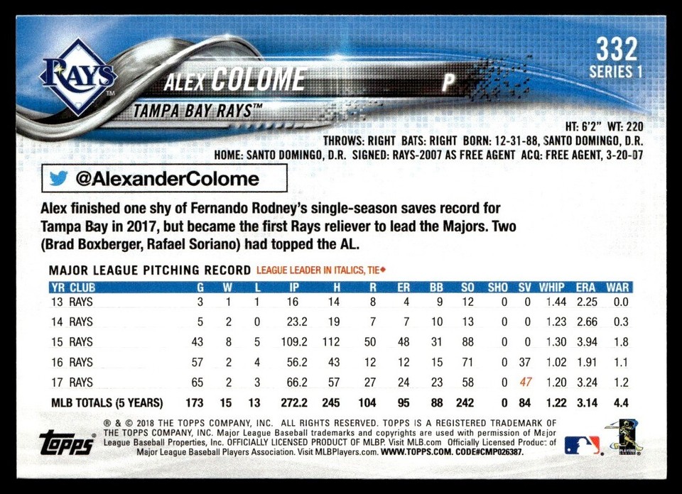2018 Topps Alex Colome Tampa Bay Rays 332 eBay