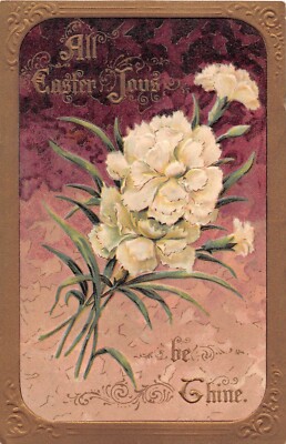 Lovely White Carnations On Old Easter Postcard - No. 2178