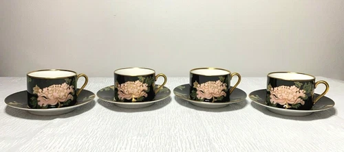 Fitz & Floyd Cloisonne Peony Cups & Saucers Set of 4