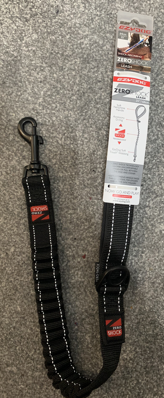 BLACK EzyDog Zero Shock Absorbing Dog Lead Strong Nylon Leash 25""/64cm Ezy