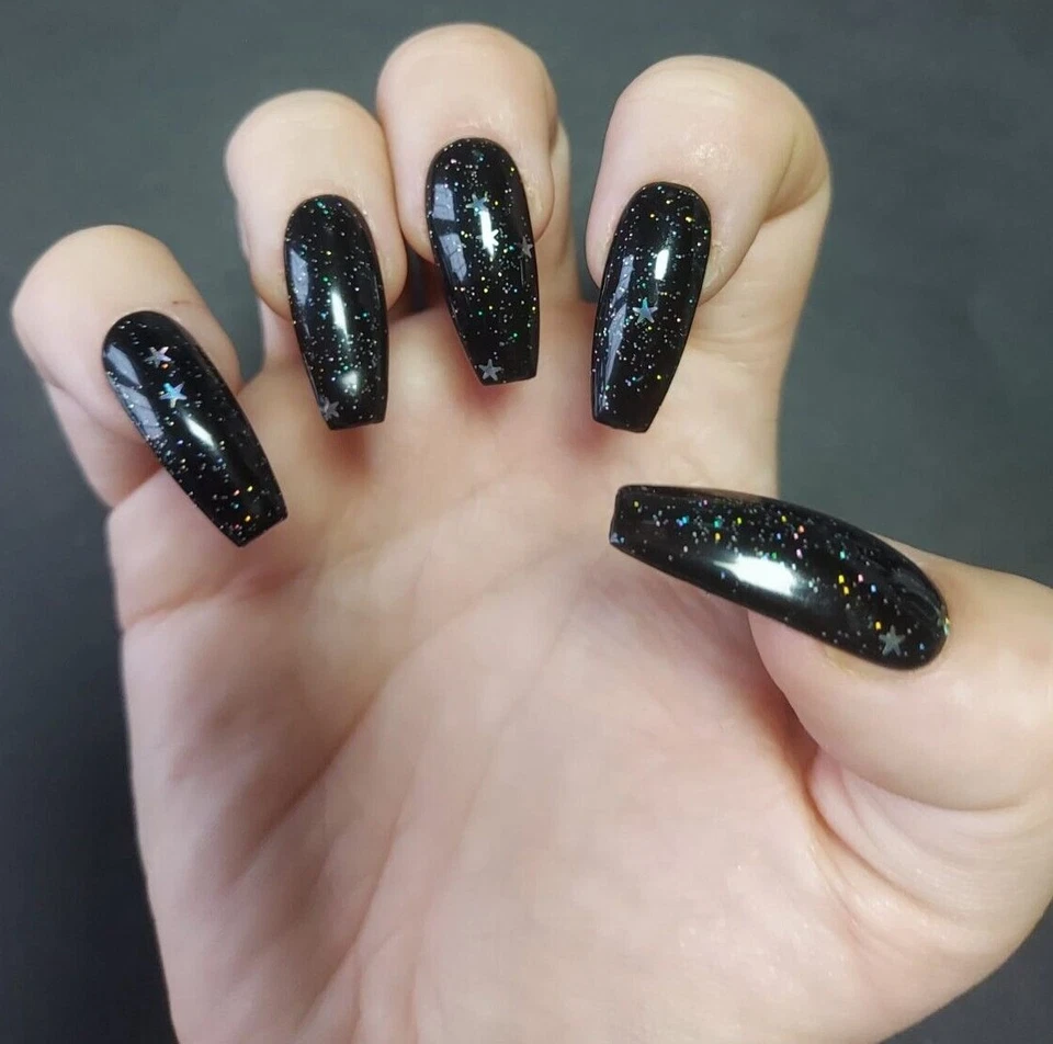 24 Black Starry Glitter False Nails UV Gel Press On Nails Coffin Stiletto Square