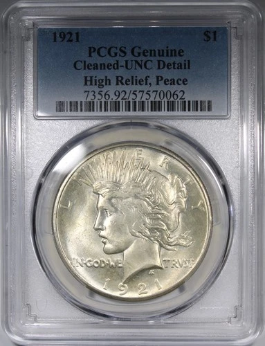 1921 High Relief Peace Dollar PCGS UNC Details Cleaned Coin $1