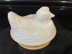 Hen On Nest Milk Glass & Tan Candy Nut Trinket Dish Avon Chicken Vintage 1973