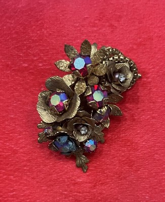 Vintage Unsigned MIRIAM HASKELL BROOCH Pink AB Rhinestone Ornate Flowers  AA17K