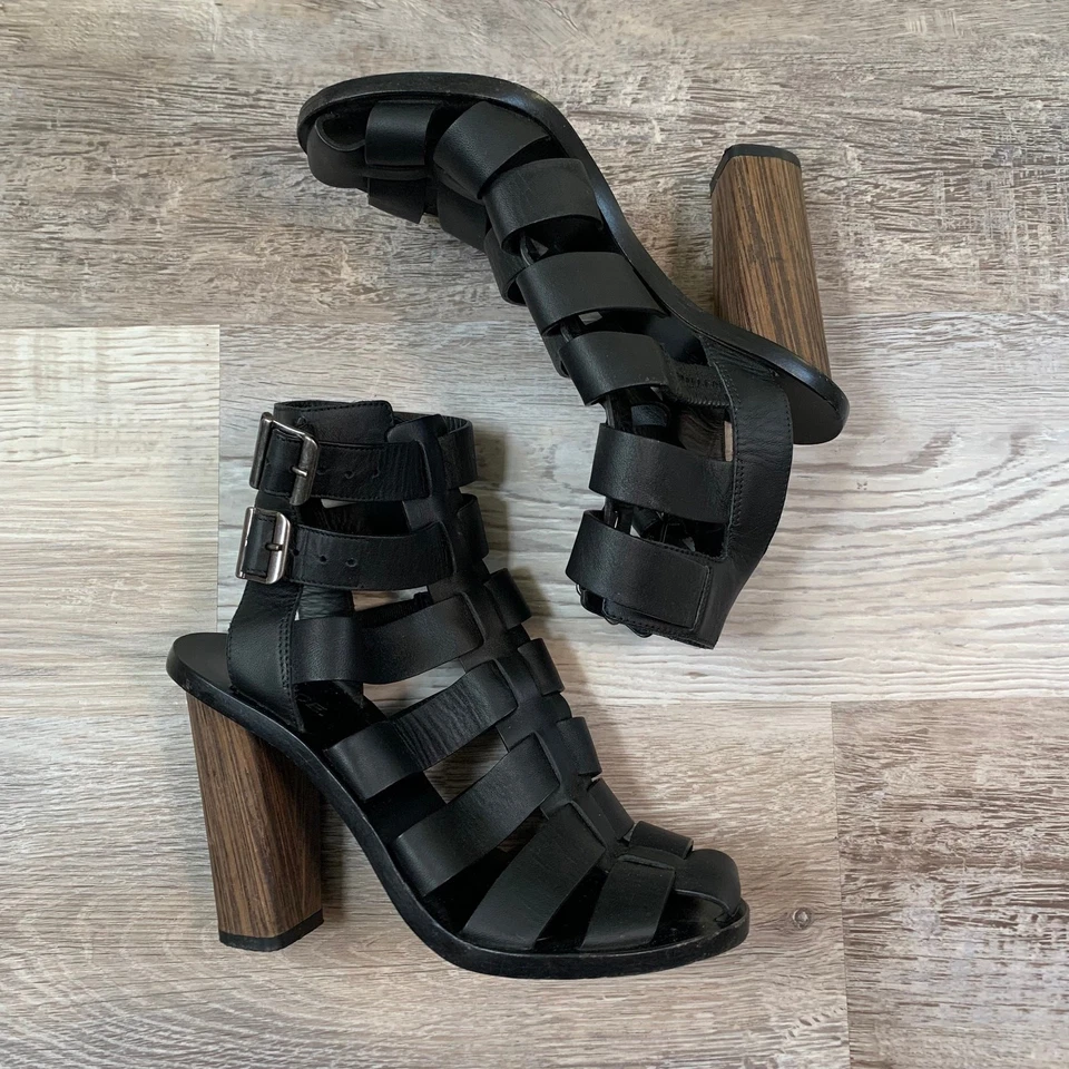 Salto Gladiador Vince Couro Preto Tiras 5 Feito na Itália Salto de Madeira - Imagem 2 de 4