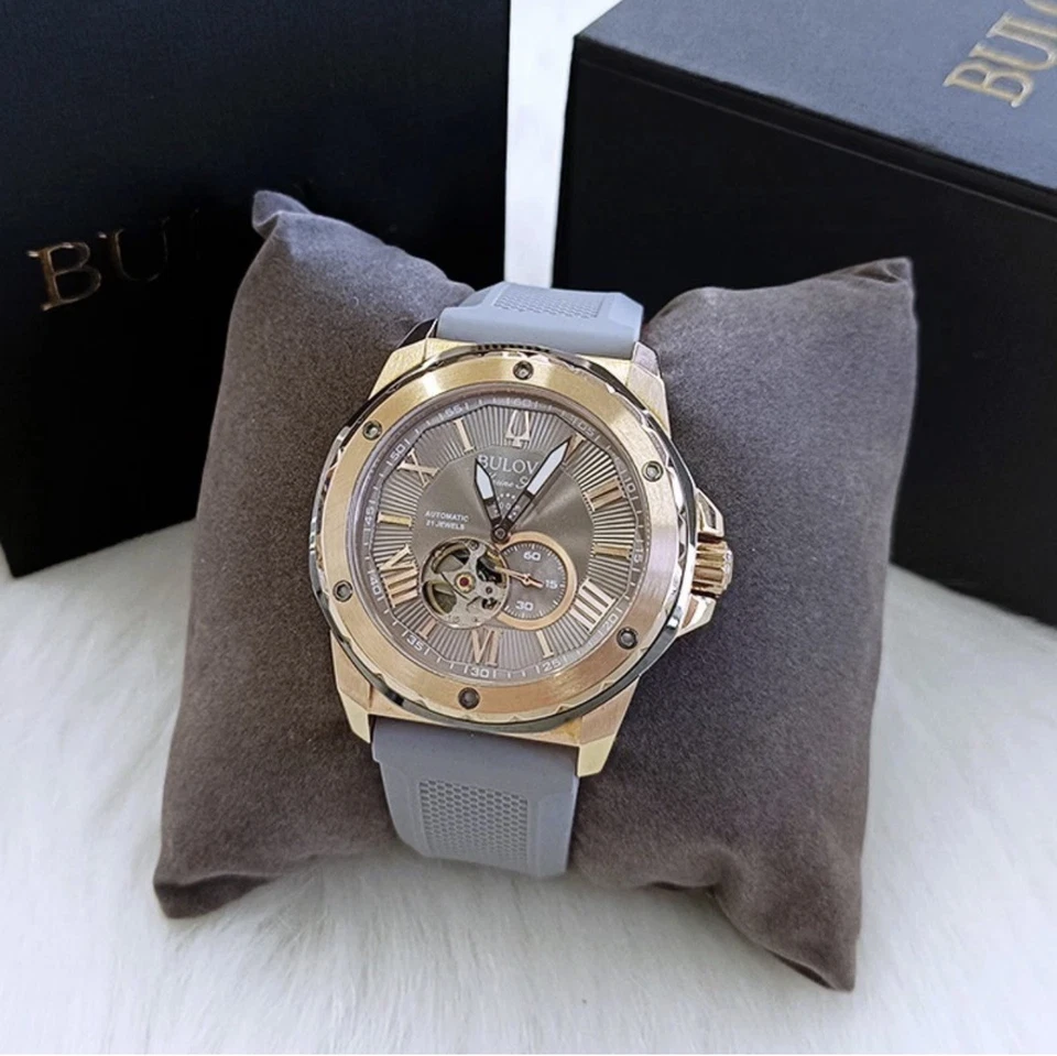 Bulova Marine Star Rose Gold Dial Grey Rubber Strap Men's Automatic Watch 98A228 - Image 2 of 4
