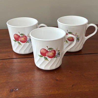 CorningWare Abundance Fruit Swirl Mugs Set of 3 White Apple Pear Made in USA - image 1 of 4