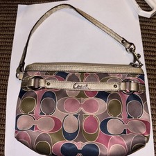 Coach Multicolor Logo Wristlet with Metallic Trim and Gold Wrist Strap