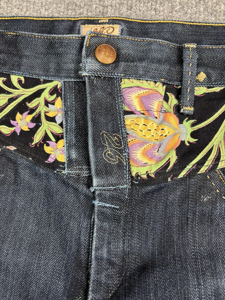 Pantalones de mezclilla para mujer Gold Sign lavado medio oscuro floral rayas laterales rectos hechos en EE. UU. Foto 4 de 4