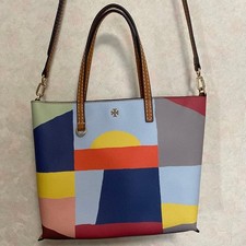 Tory Burch Multi-Color Leather 2Way Shoulder Bag Geometric Panel Authentic
