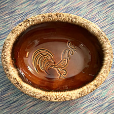 Hull Pottery Oval Bowl Brown drip Rooster chicken Pattern Glossy Finish USA
