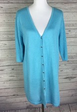 J. Jill Womens Blue V-Neck Button Front 3/4 Sleeve Linen Cardigan Sweater Size L