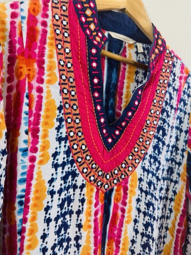 Soft Surroundings Moroccan Tunic Dress M Pink Blue Ikat Embellished Embroidered - Picture 10 of 10