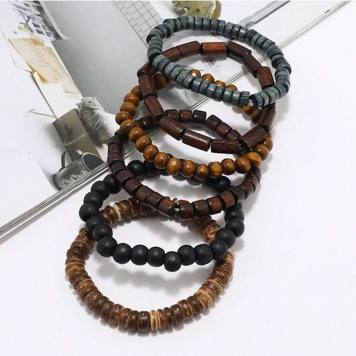 6PCS Wodeen Braided Wrap Leather Bracelet for Men Vintage Life Wood Beads Fashio - Picture 3 of 13
