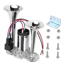 12V Car Air Horn, 120 DB Super Loud Dual Trumpets Electric Train Horn Silver
