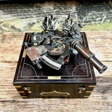 Vintage Antique Brass Sextant with Wooden Case Perfect Navigational Tool for Mar