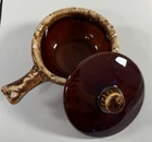 Vintage Retro Hull Oven Proof Brown Drip Glaze Onion Soup Bowl w/Handle Lid USA