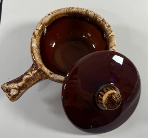 Vintage Retro Hull Oven Proof Brown Drip Glaze Onion Soup Bowl w/Handle Lid USA
