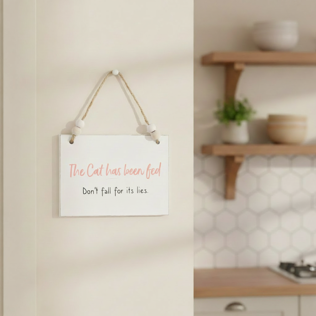 The Cat Has Been Fed Don't Fall For It's Lies Wooden Hanging Sign Plaque