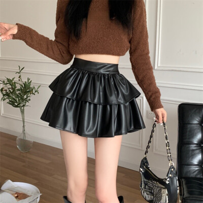 Lady PU Faux Leather Skirt Sexy Short Tutu 2-Layer Ruffle High