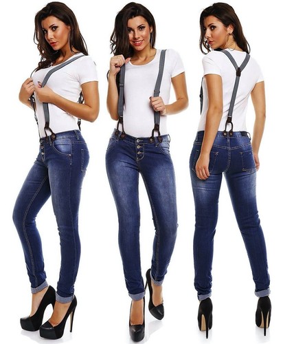 Jeans donna con bretelle pantaloni stretti denim pants braces stretch nuovo  sexy | eBay
