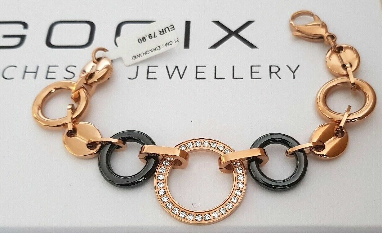 Bracelet femme Gooix en céramique blanche et rose doré serti de zirconium