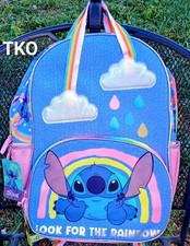 Disney Stitch Pink Blue Rainbows Cloud 17" Backpack/Book Bag