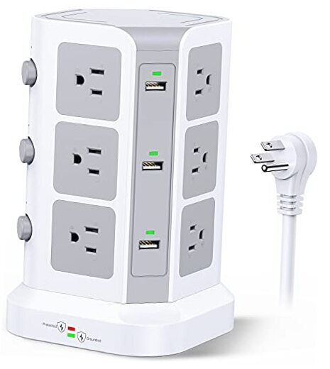 Power Strip Tower by , [15A 1500J] Surge Protector - 12 AC 6.5 ft White