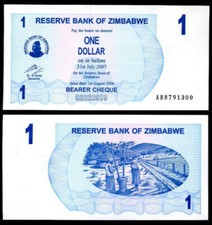Zimbabwe 1  Dollars Bearer s Cheque 2006 UNC Uncirculated P-37