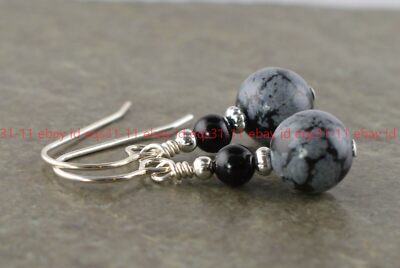 8mm Snowflake Obsidian Gemstone & 4mm Black Agate Gemstone Beads Hook Earrings