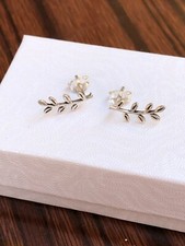 925 Sterling Silver Leaf Vine Stud Earrings Plain Studs Women 13mm/0.51" Tiny