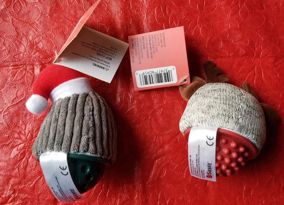 Juego de 2 mini agitadores Sassy Holiday pingüino reno recién nacido bebé seguro primer juguete Foto 2 de 3