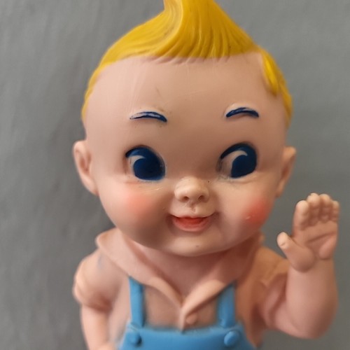 Vintage Rubber Squeak Squeeze Toy Star Boy Doll Blue Overalls Yellow Hair 1950 - Picture 2 of 8