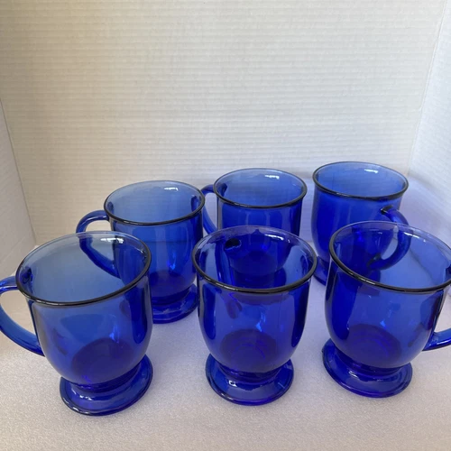 Set Of 6 Vintage Anchor Hocking Cobalt Blue Glass Pedestal Mugs