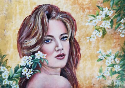 Woman Portrait Original Oil Painting - Woman & Jasmine Flowers Artwork 12x16''