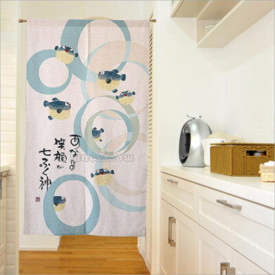 Japanese Style Door Curtain Tapestry Fugu Pufferfish Print Split Room Privacy