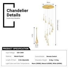 Modern 12/18 Lights Staircase Chandelier Gold Raindrop Pendant Chandelier Lights — image 2