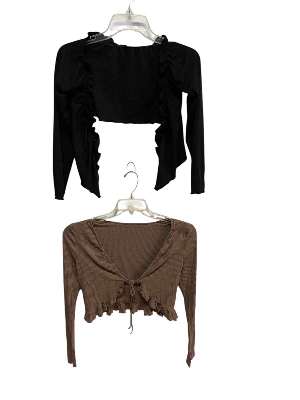 Women's Ribbed Cropped Long Sleeve Tops Lot Black Brown Tie Front Ruched Y2K