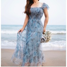 Baltic Born Clementine Blue Floral Midi Smocked Tulle Dress 